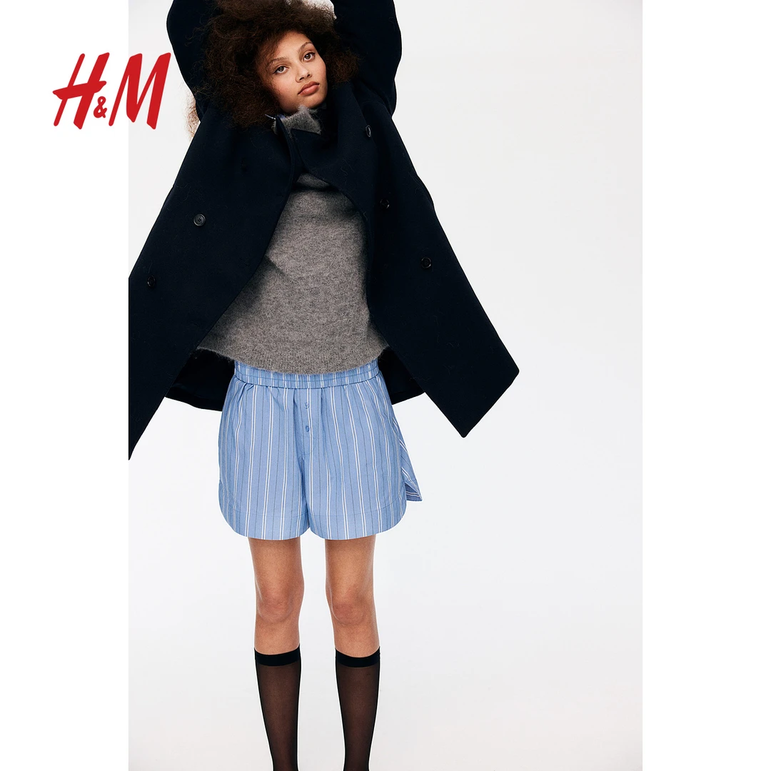 HM女士2024秋冬季新款简约风时尚立领双排扣及膝轻便大衣1241735