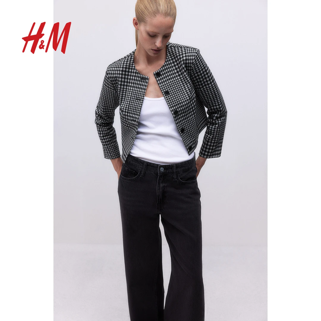 HM女装短外套2024年秋季新款时尚圆领宽松通勤单排扣开衫1262045