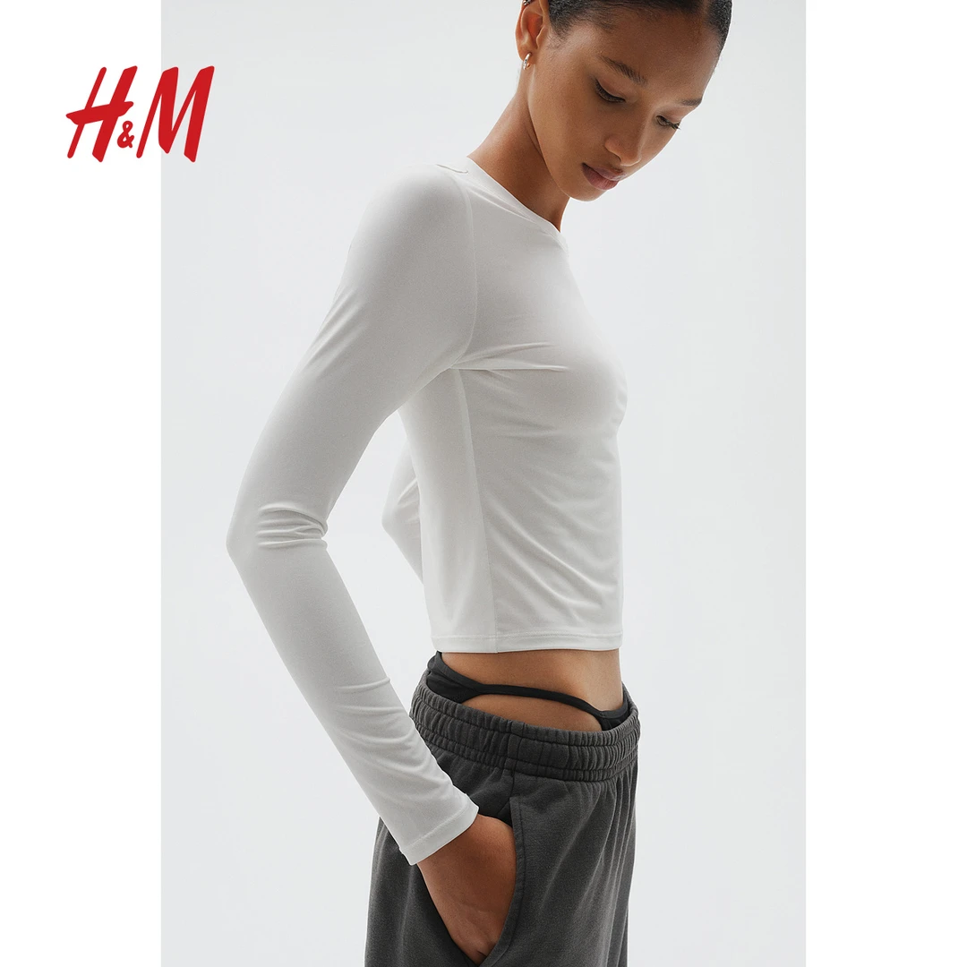HM女装T恤年秋季新款修身圆领柔软细纤维长袖短上衣1252943