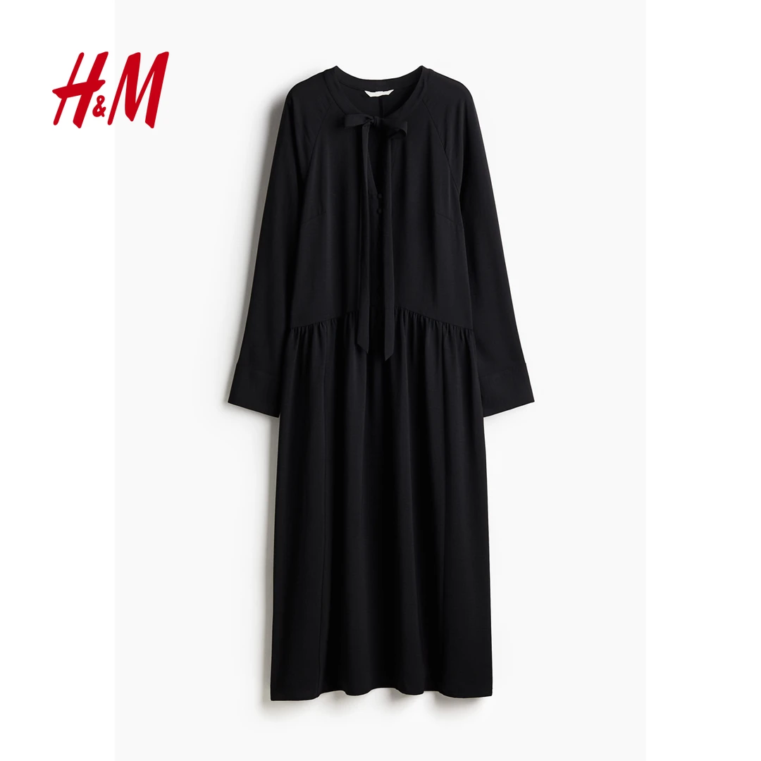 HM女士秋冬新款梭织面料领口系带喇叭裙摆长袖连衣裙1256897