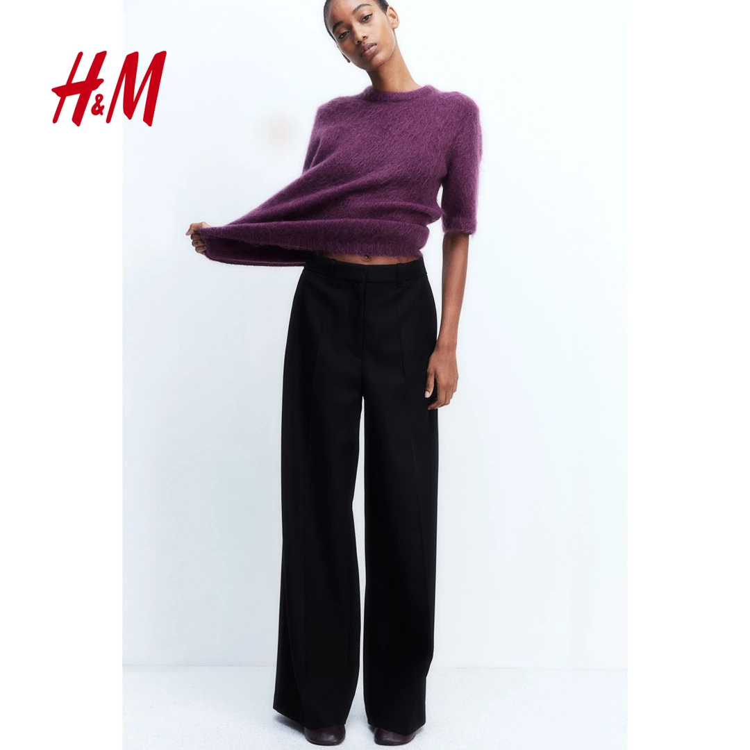 HM女装针织衫秋季慵懒风时尚休闲感罗纹圆领针织上衣1218191