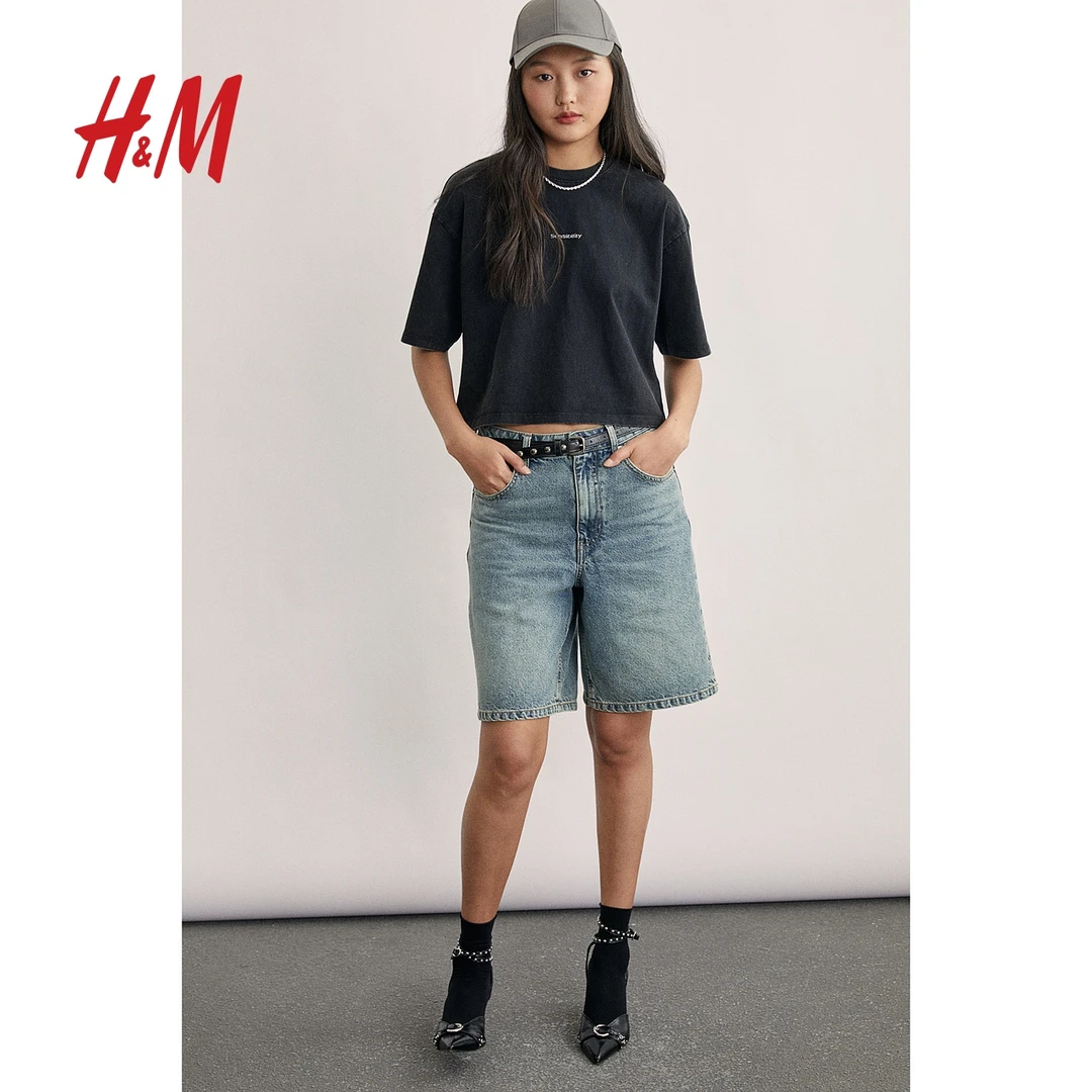 HM女装T恤夏季新款大廓形印花圆领直筒下摆短袖上衣1233308