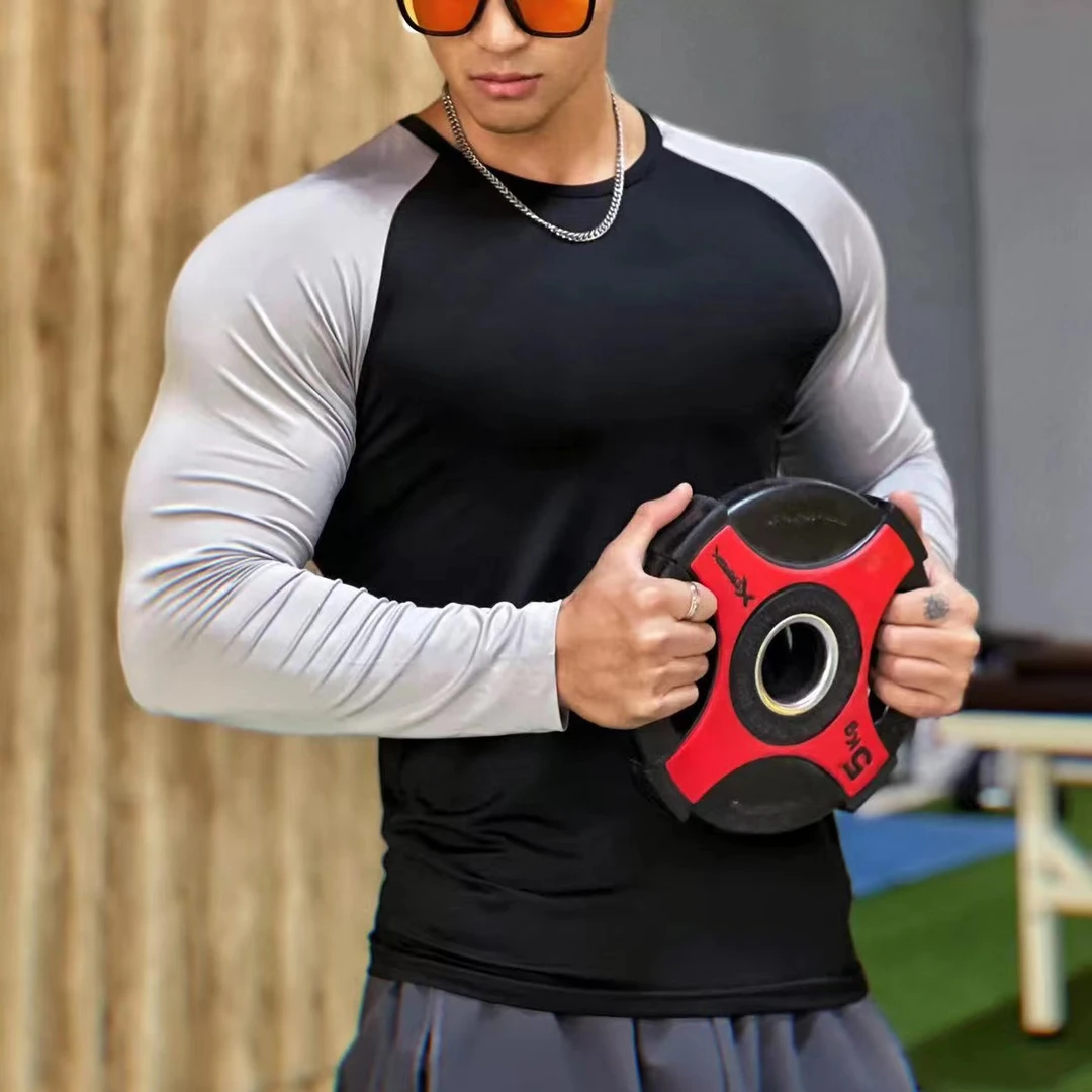 男长袖高弹潮牌GYM紧身衣秋冬新款健身速干修身运动训练薄款上衣