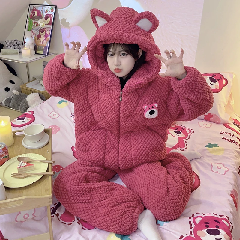 睡衣女士冬季2023年新款珊瑚绒加厚加绒三层夹棉袄女款连帽家居服