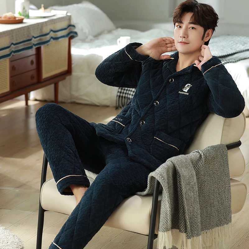 男士保暖新款夹棉冬季睡衣套装珊瑚绒三层加厚加绒家居服可外穿