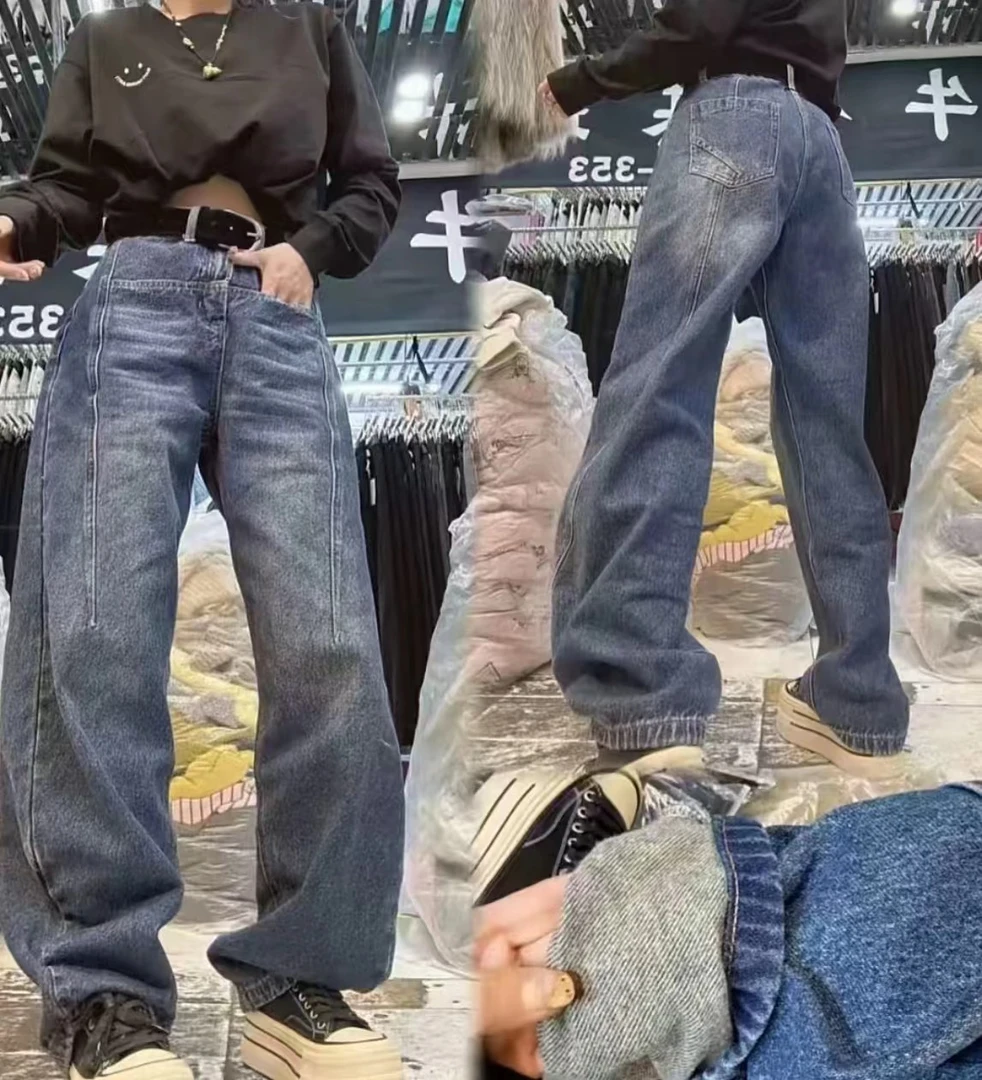 新款压褶显瘦弯刀牛仔裤