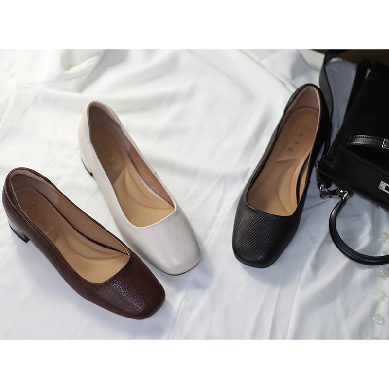 LSWD手工女鞋~羊皮~粗跟3CM~法式复古方头真皮百搭单鞋 3502