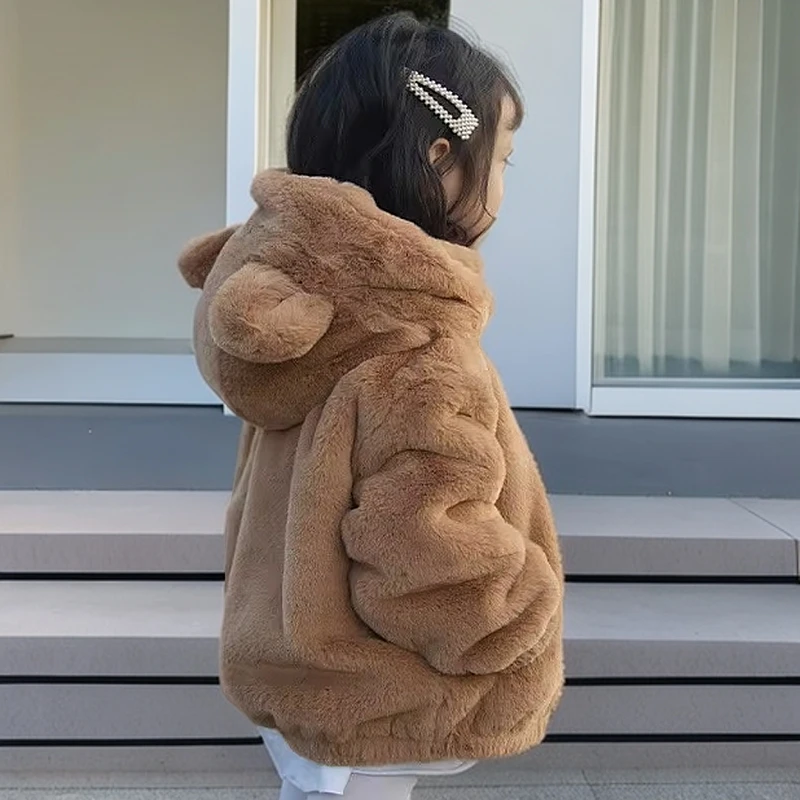 2024新款毛毛上衣男女童纯色加绒连帽外套冬款宝宝棉服小男孩衣服