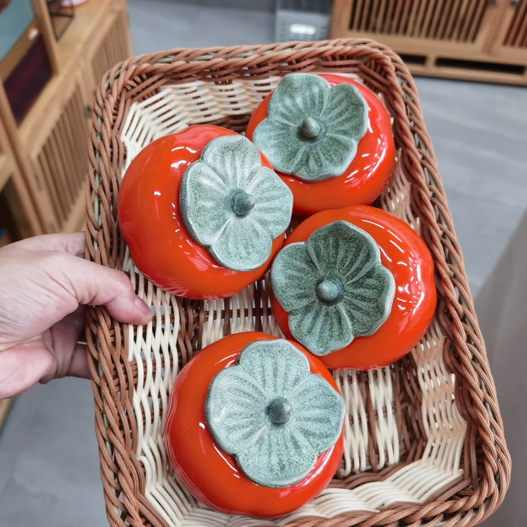 柿子小罐四个一组创意茶叶罐陶瓷密封罐红茶普洱茶罐手工复古