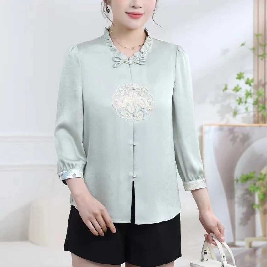 A602#绿【木兮兮专属】2026夏秋新气质显瘦新中式国风盘扣百搭上衣