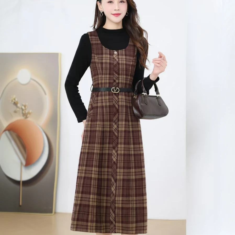 B33#红格【木兮兮专属】2024年秋冬季新款气质显瘦复古格纹两件套装