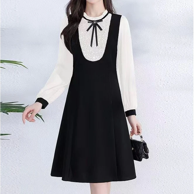 B071#杏【木兮兮专属】2024年春秋季新款气质显瘦假两件修身连衣裙