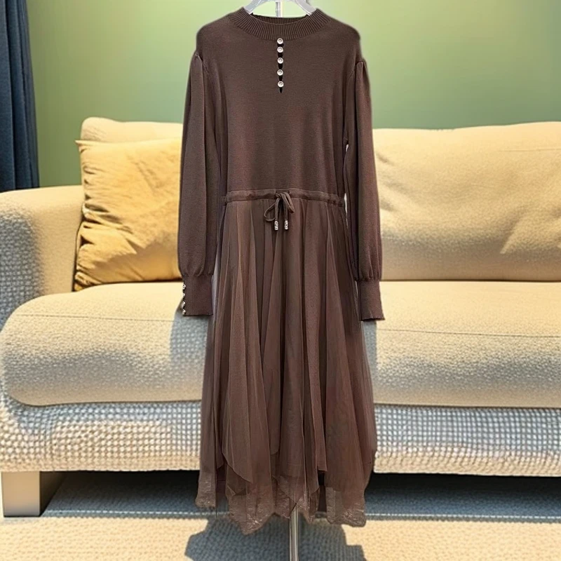 1792#咖【木兮兮专属】2026年春季新气质针织百搭中长款连衣裙
