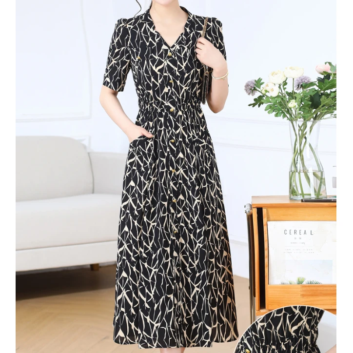 24B40#【木兮兮专属】2026年夏季新款气质显瘦中长款印花V领连衣裙
