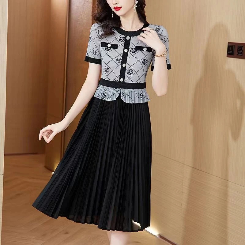 1166#【木兮兮专属】2025年春秋季新气质修身玫瑰印花中长款连衣裙