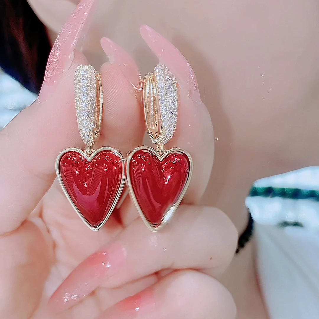 铜合金亚克力耳饰 824-简约甜美优雅红色爱心送女友气质耳环