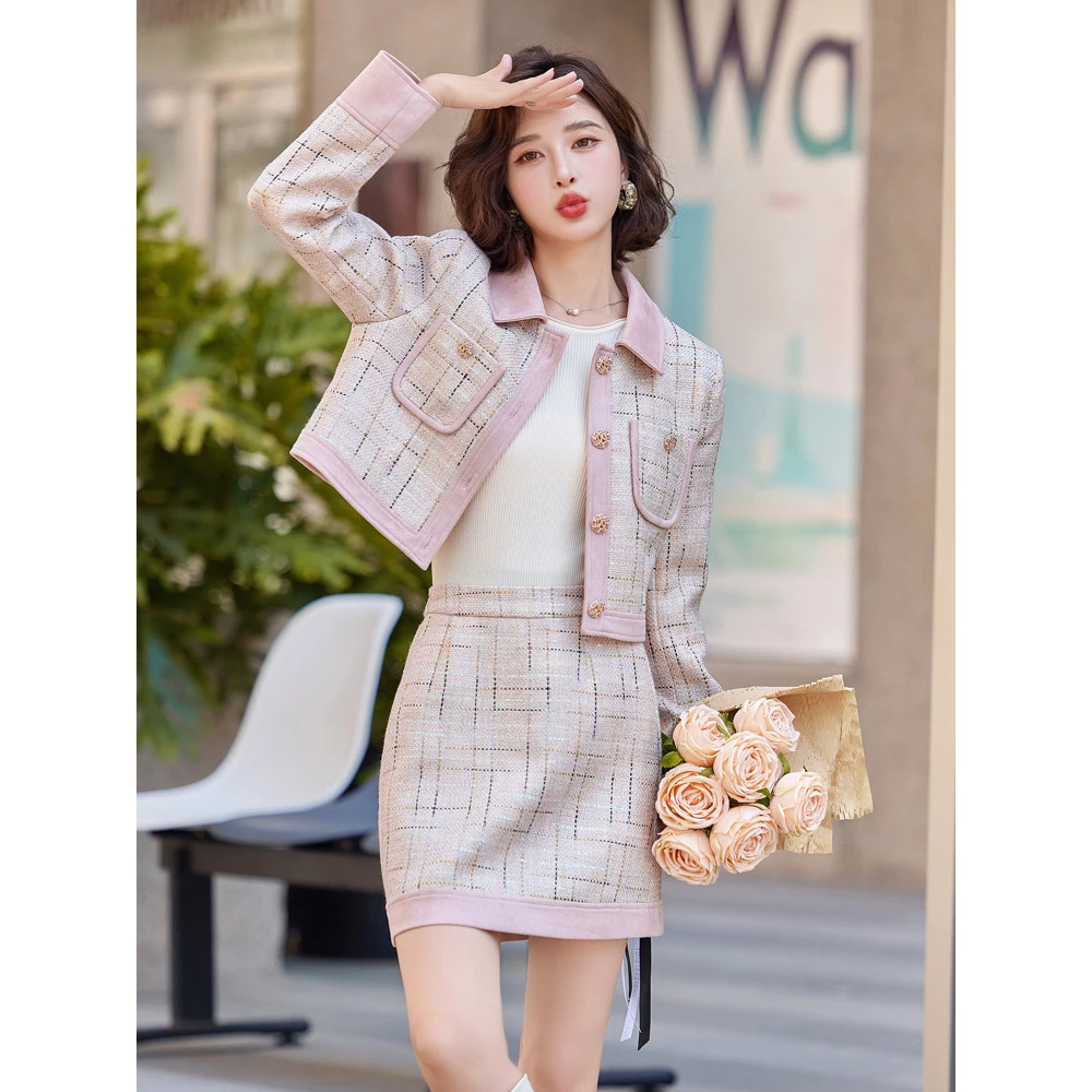 时尚休闲套装秋季新款女装小香风粉色短款外套半裙两件套裙