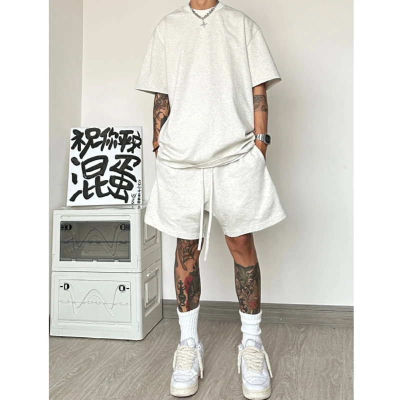 美式重磅短袖t恤短裤套装男夏季潮牌cleanfit宽松休闲运动两件套