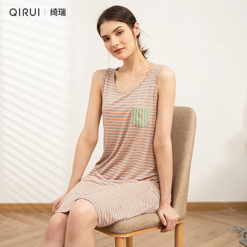 绮瑞[直播QM68898]莫代尔睡裙无袖背心裙冰丝凉感睡衣女夏季条纹