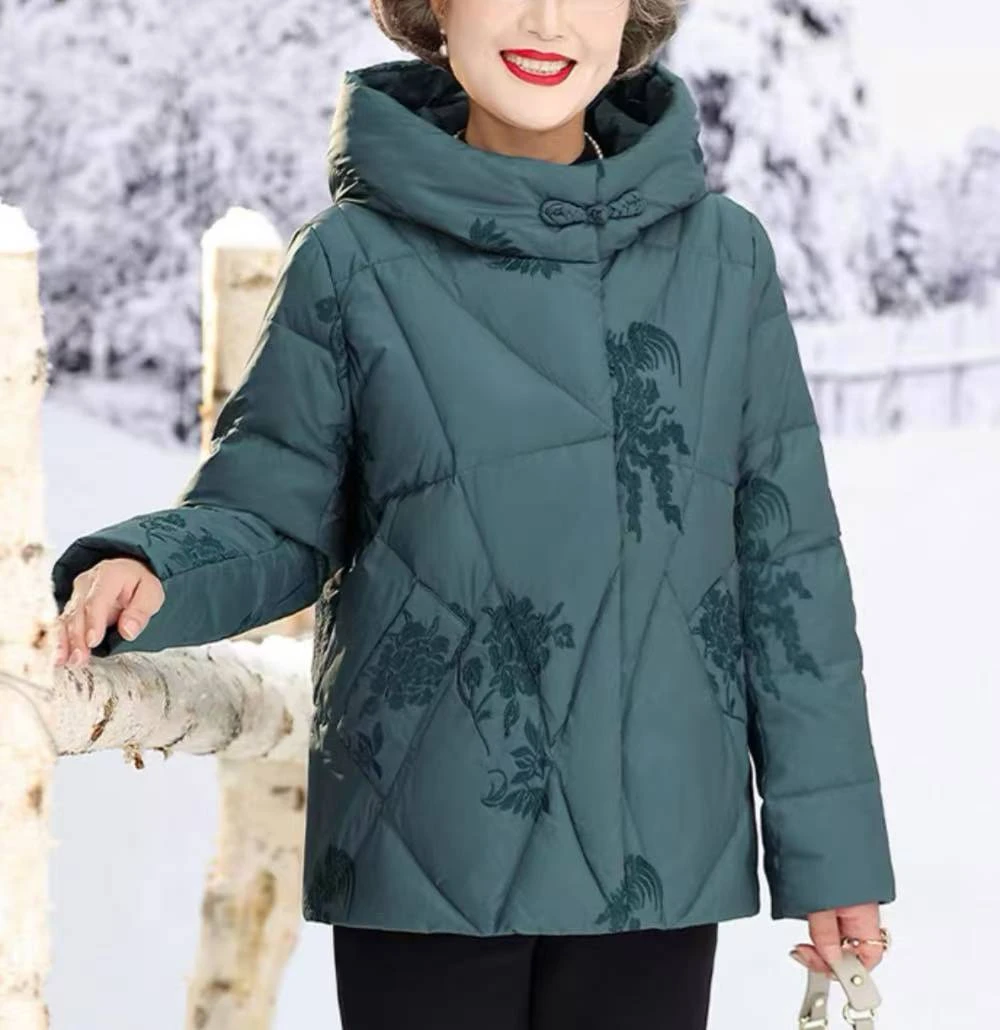 中老年冬装时尚连帽百搭刺绣气质羽绒服Q93007