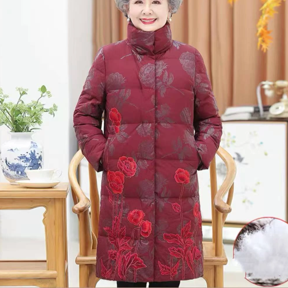 中老年冬装时尚气质刺绣印花加厚中长款羽绒服Q90021