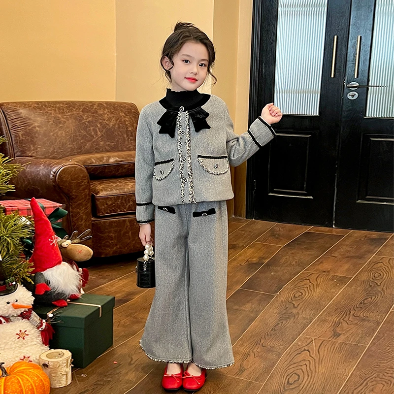 栀了成长记童装女童小香风毛呢套装秋冬款儿童夹棉外套加绒喇叭裤