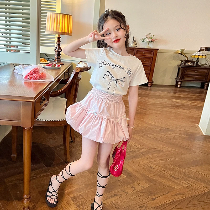 栀了成长记童装女童韩版白色短袖T恤夏季花苞裙薄款女印花上衣