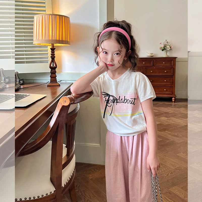 栀了成长记童装女童冰丝白色短袖t恤夏季儿童薄款小女孩渐变上衣