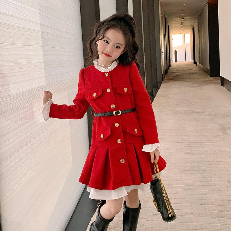 栀了成长记童装女童红色小香风连衣裙秋冬新款儿童小女孩洋气裙子