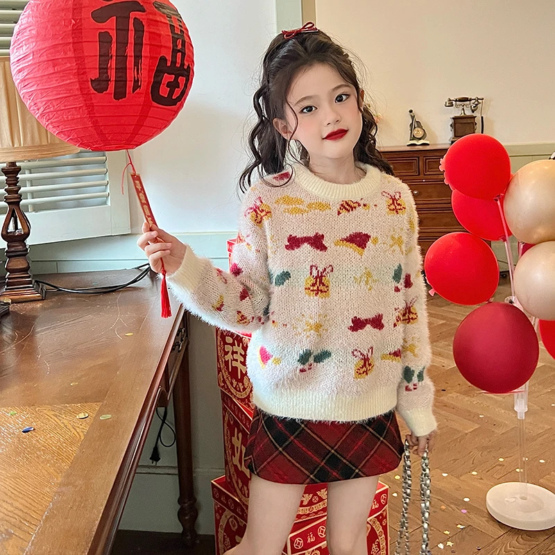 栀了成长记童装女童时髦圣诞洋气毛衣秋冬款儿童裙子毛线衣针织衫