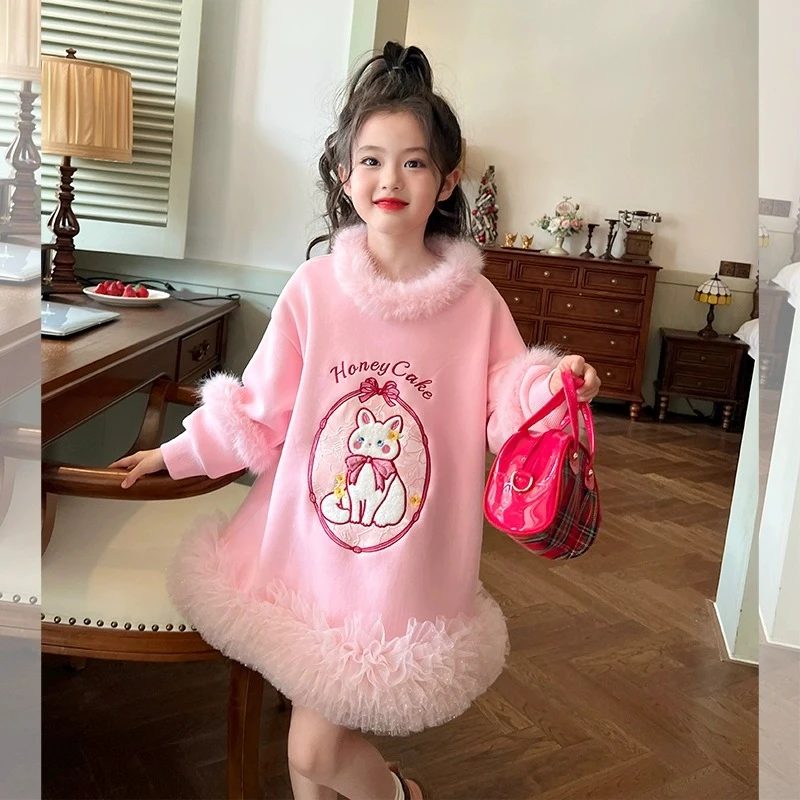 栀了成长记童装女童粉色加绒卫衣裙秋冬儿童宝宝拼接网纱连衣裙