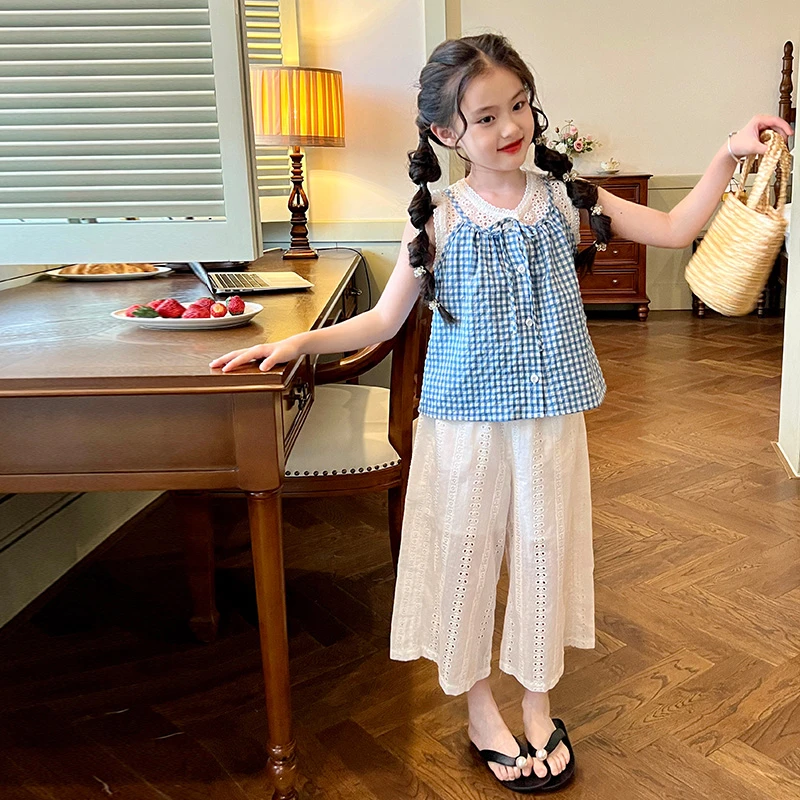 栀了成长记童装女童套装撞色夏季裤子时髦刺绣假两件上衣