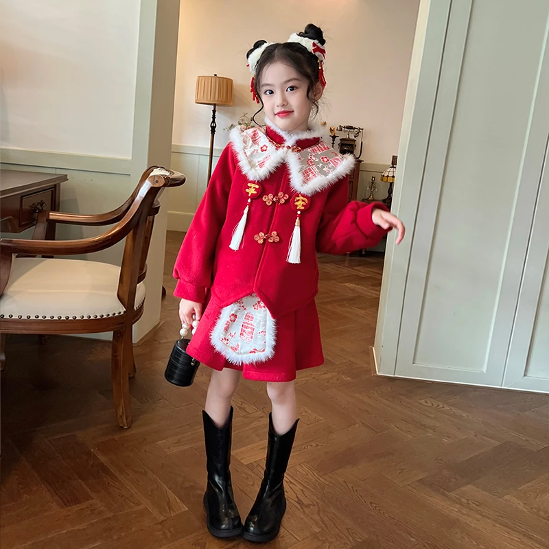 栀了成长记童装女童中国风红色夹棉套装秋冬儿童女宝宝加厚拜年服