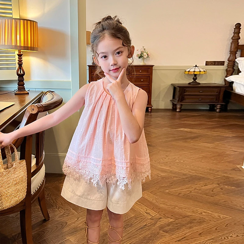 栀了成长记童装女童时髦粉色无袖背心上衣夏季新款儿童小女孩衬衫