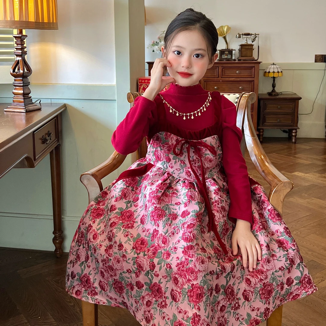 栀了成长记童装女童红色吊带裙时髦洋气宝宝裙子儿童新年连衣裙
