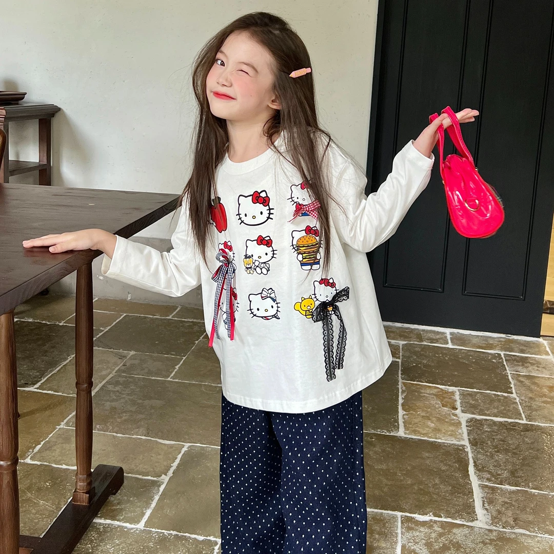 栀了成长记童装女童白色小猫印花T恤秋装裤子女孩蝴蝶结百搭上衣