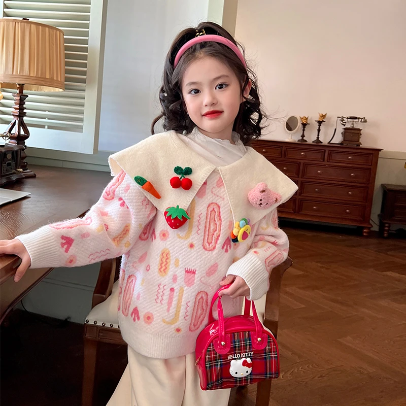 栀了成长记童装女童粉色卡通甜美毛衣冬装儿童女孩时髦洋气针织衫