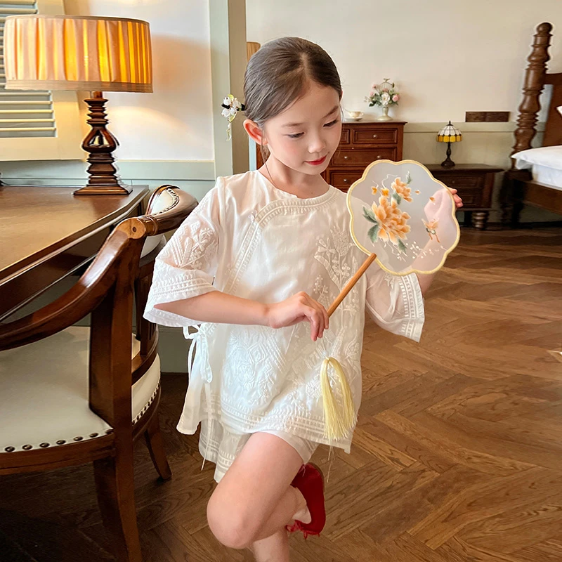 栀了成长记童装女童新中式仿天丝套装夏季新款儿童宝宝衣服两件套