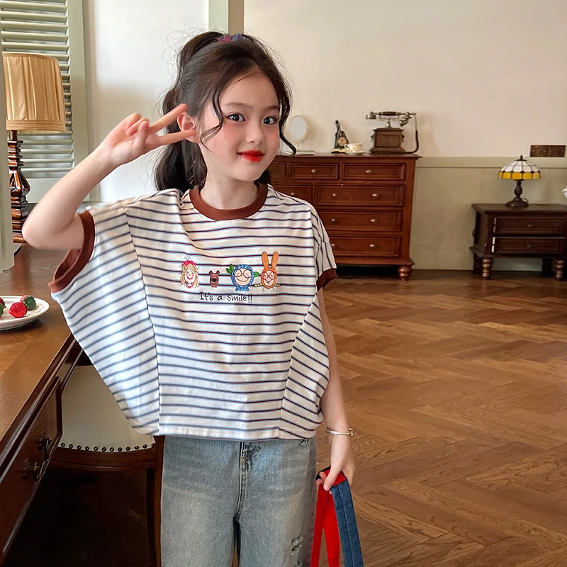 【现货】童装女童条纹短袖T恤夏季新款裤子百搭蝙蝠上衣潮T恤时尚