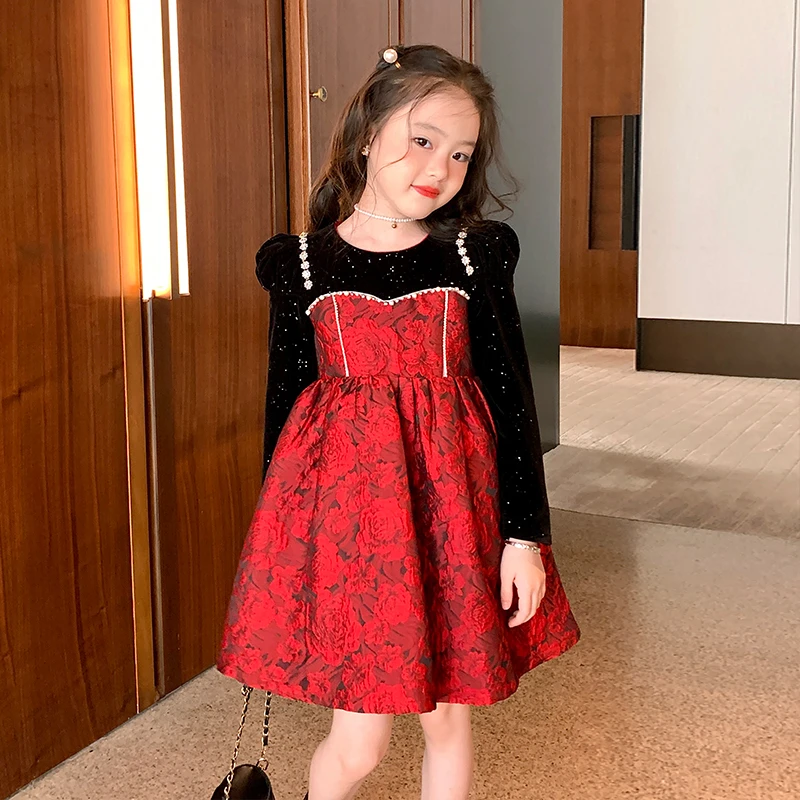 栀了成长记女童红色连衣裙秋装2023新款儿童公主裙女孩丝绒裙子