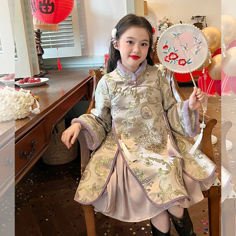 栀了成长记童装女童儿童春秋宝宝复古女孩中式中国风拜年服连衣裙