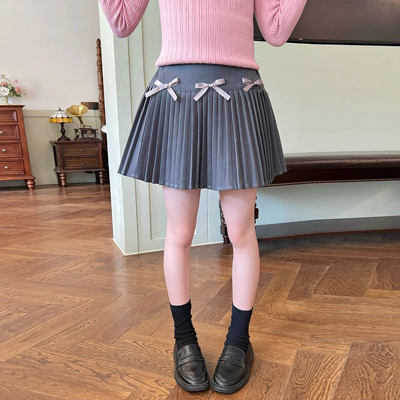 栀了成长记童装女童时髦压褶半身裙洋气百搭儿童小女孩蝴蝶结短裙