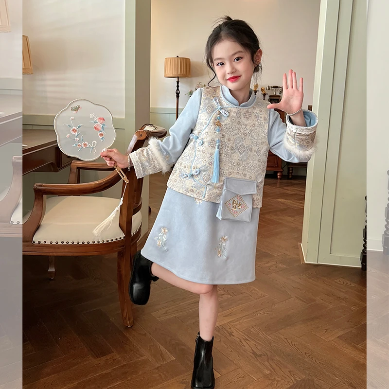 栀了成长记童装女童中国风丝绒旗袍套装秋冬儿童加绒马甲连衣裙