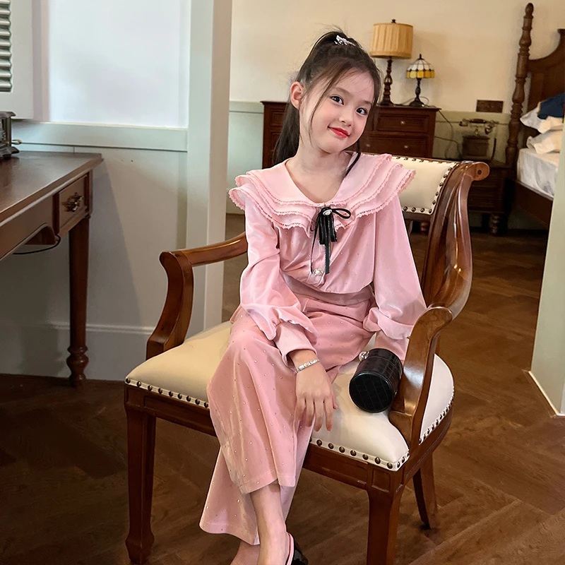 【清仓福利款】女童满钻小香风套装秋装2023新款儿童粉色丝绒上衣