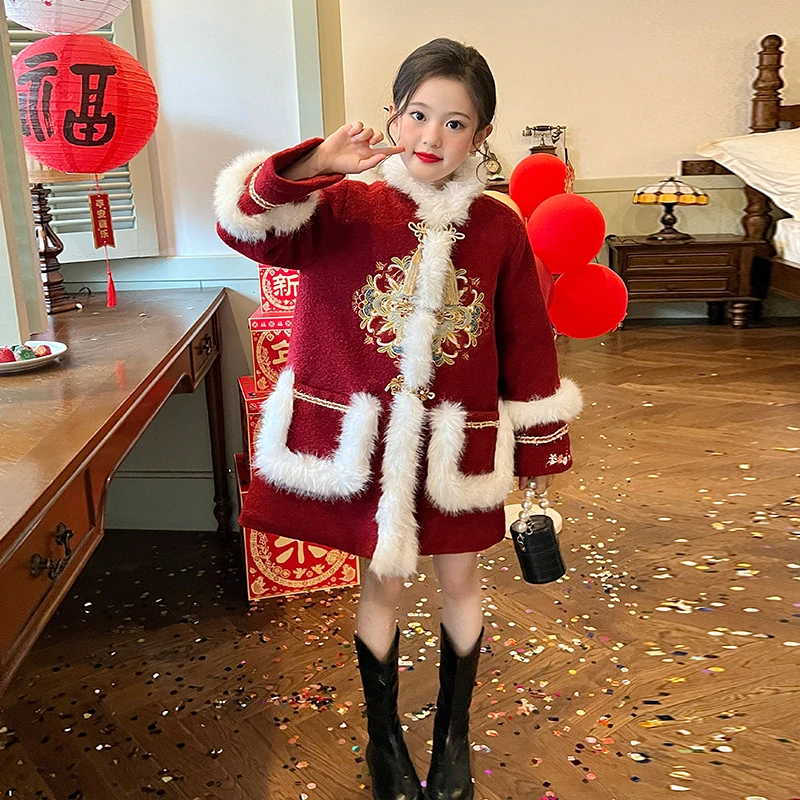 【清仓】童装女童夹棉唐装冬装儿童宝宝加厚拜年服毛呢绣花外套