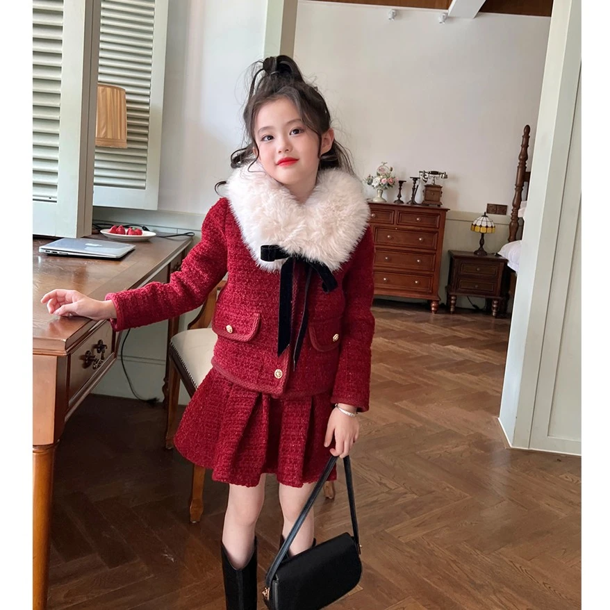 栀了成长记童装女童红色羽绒服加绒套装秋冬新款儿童加厚新年衣服