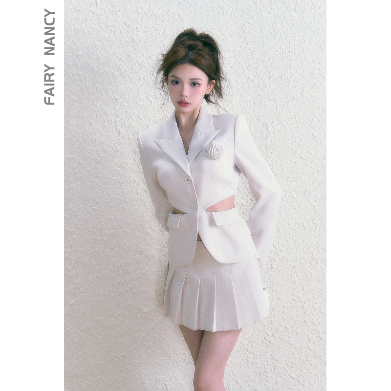 【现现48小时发】【苏黎少女】春季服饰时尚长袖西装+休闲百褶裙气质