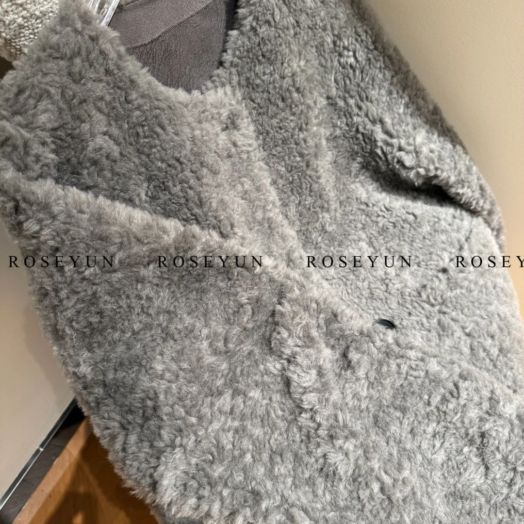 【Rose Yun】银羽流光 梦灰色全羊毛圆领毛毛外套 2411113