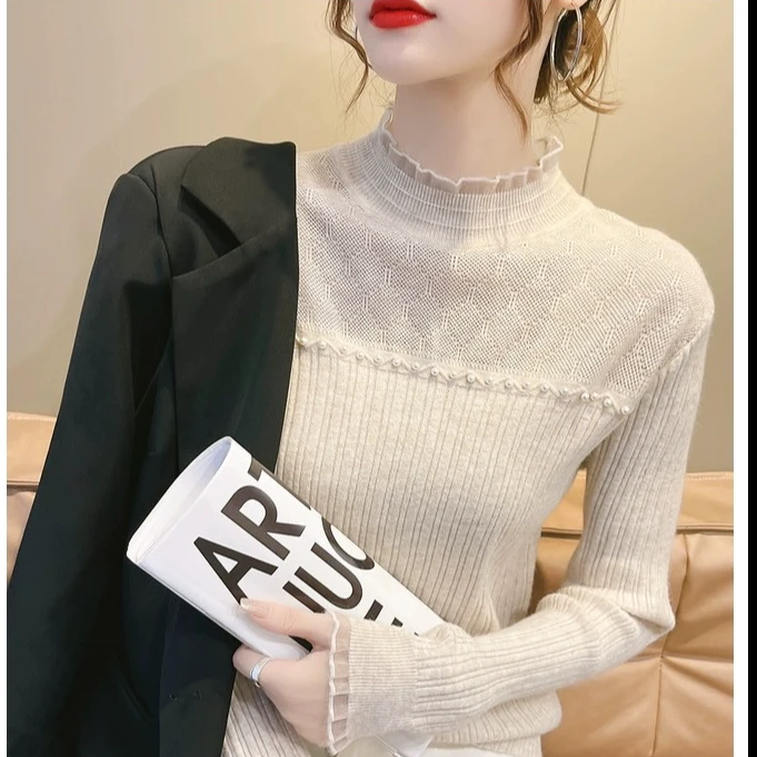 2024年半高领欧根纱镂空性格修身弹力衫毛衣打底钉珠显瘦针织衫