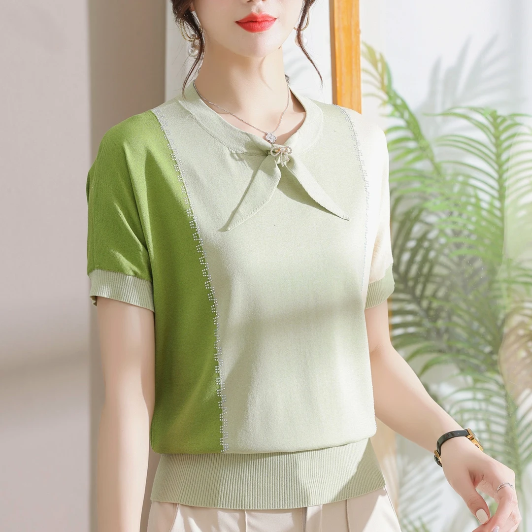 年轻妈妈夏装冰丝短袖T恤小衫中年女时尚薄上衣中老年洋气质上衣